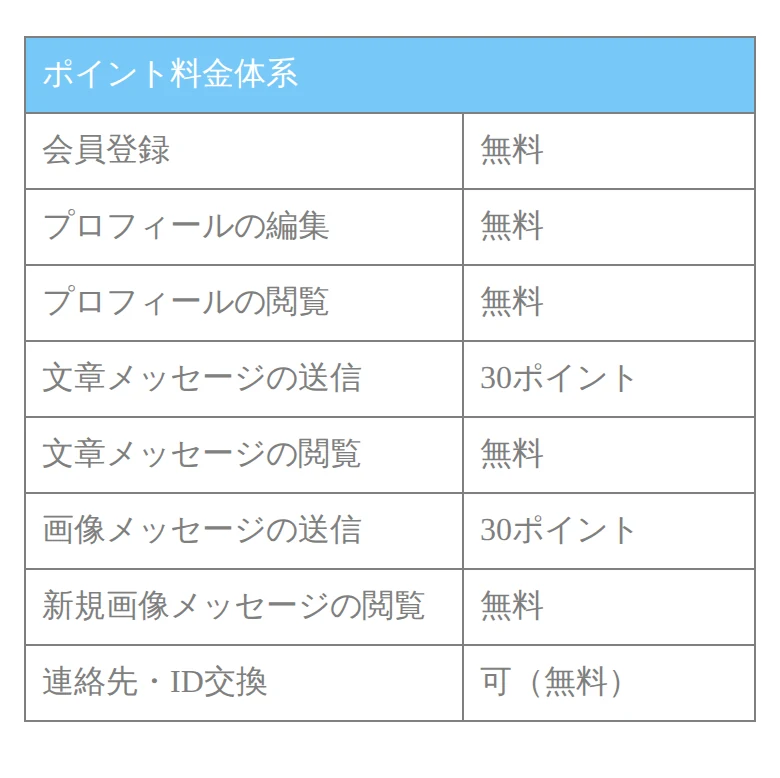 カップルタイムの公式料金表。文章と画像のメッセージ送信は各30ポイント